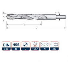 HSS-G SPIRAALBOOR, DIN 338, TYPE N, D2=13, ø20,0